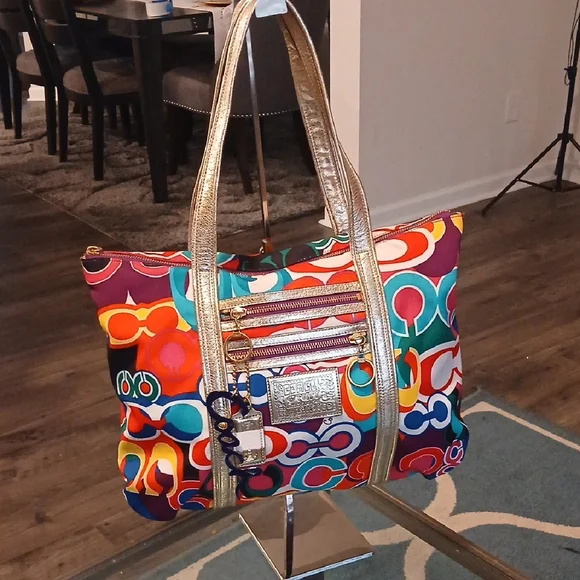 Coach Poppy Multicolor Tote with Gold Straps - Picture 3 of 11